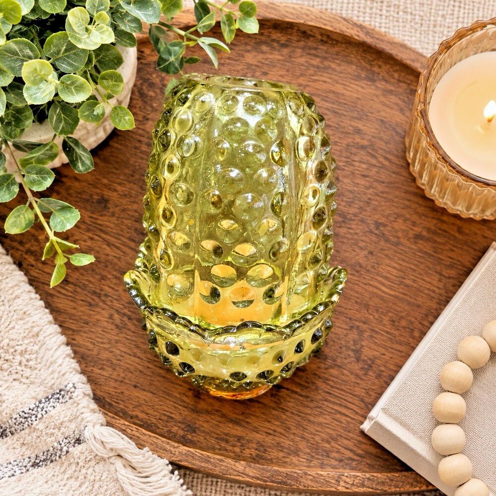 Fenton Colonial Avocado Green Hobnail 2 piece Fairy Lamp candle holder READ